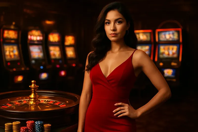 Casino Banner Woman Red Dress Elegant woman in red dress posing near roulette and slot machines with gold coins and poker chips in a luxury Bangladeshi casino atmosphere