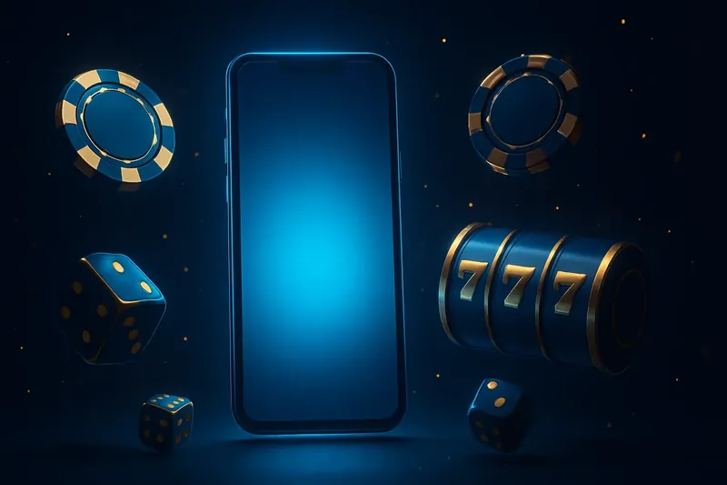 Casino Promo Banner Glowing smartphone surrounded by casino chips, slot reels, and dice with gold accents on a dark background